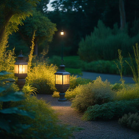 A serene garden at dusk, illuminated by elegant solar lights. Lush greenery surrounds the soft glow, with solar panels integrated into stylish lamp designs. A starry sky reflects sustainability and harmony with nature.