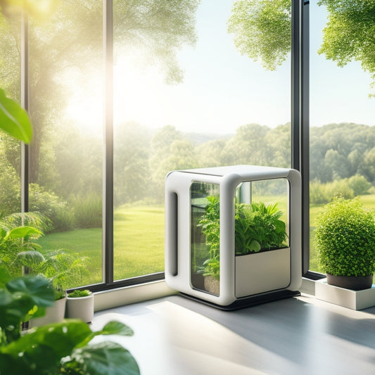 A futuristic, minimalist room with a sleek, compact cube organizer made of recycled materials, featuring integrated solar panels, surrounded by lush greenery and soft, natural light.