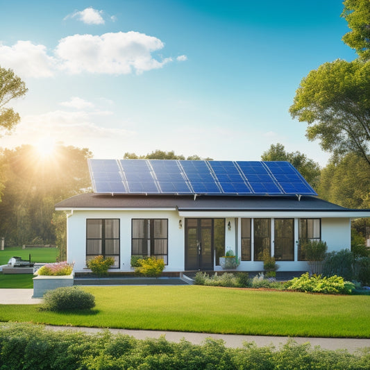 A serene suburban house with a modern, sleek solar panel array installed on its rooftop, surrounded by lush greenery and a bright blue sky with a few puffy white clouds.