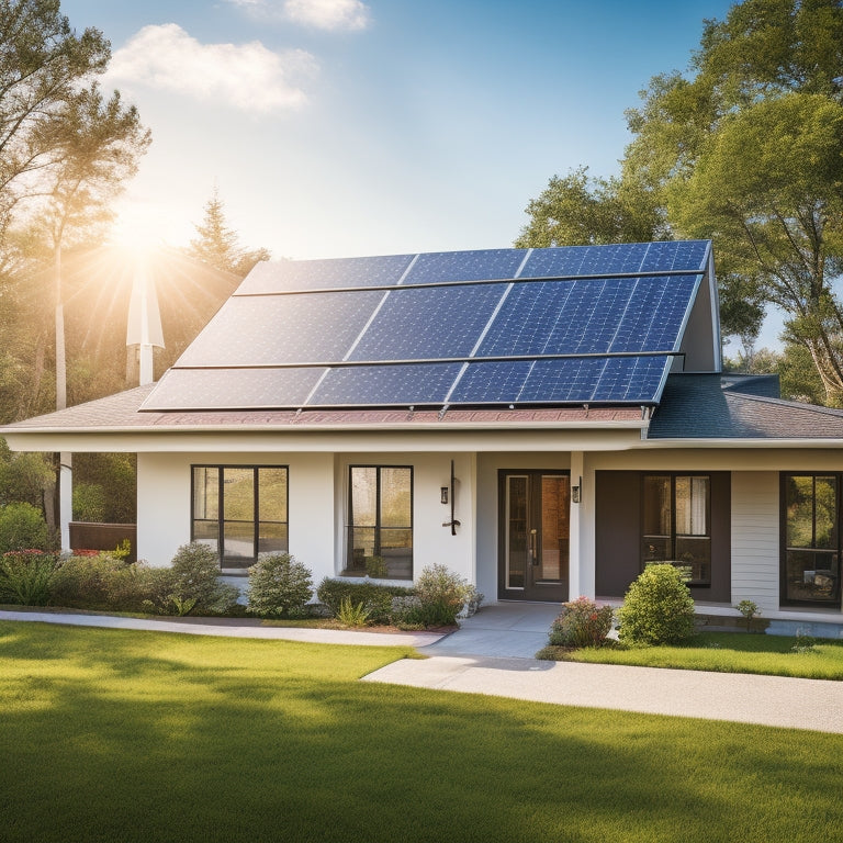 A serene suburban home with solar panels installed on its roof, surrounded by lush greenery and a bright blue sky, with a subtle sunbeam highlighting the panels' sleek design.
