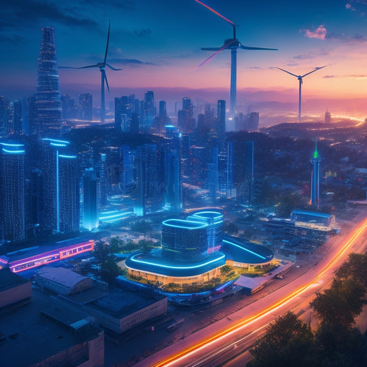 A futuristic cityscape at dusk, with sleek skyscrapers and wind turbines, featuring a large battery bank with glowing blue circuits, surrounded by pulsing green wires and miniature houses with solar panels.