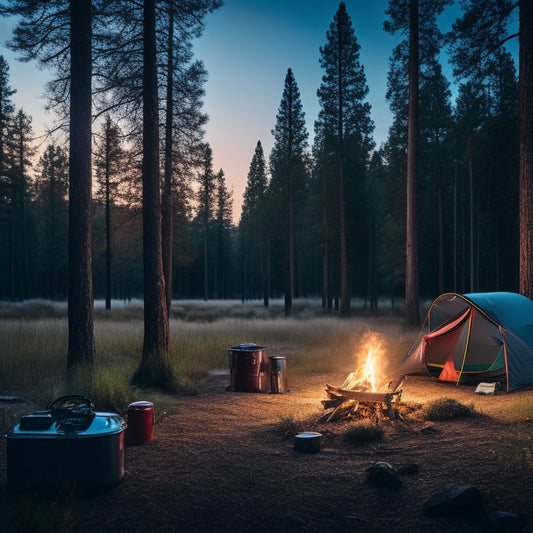 A cozy campsite at dusk, with warm, glowing string lights draped between tall pine trees. A crackling campfire casts flickering shadows, surrounded by vintage camping gear, lanterns, and a starry sky above.