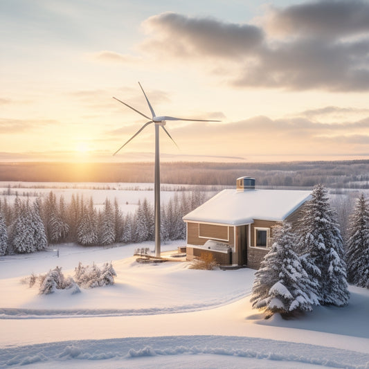 A serene winter landscape with a modern, solar-panel-roofed house in the center, surrounded by snow-covered trees and a wind turbine in the distance, emitting a warm, golden light.