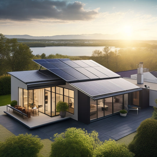 A rooftop with a sleek, modern house in the background, featuring a solar panel array mounted using a sleek, silver roof mounting kit with adjustable clamps and sturdy rails.