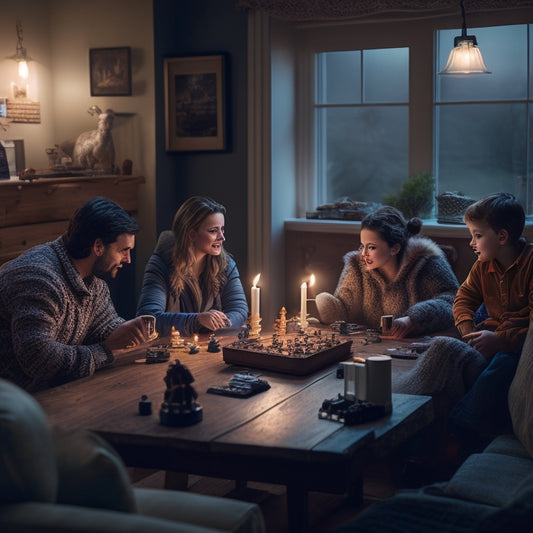 A cozy living room illuminated by soft, warm light from an electric generator, showcasing a family gathered around, enjoying board games, with a window revealing a dark, stormy night outside.