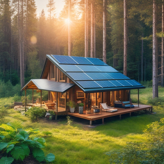 A serene off-grid cabin surrounded by lush greenery, with a solar panel array on the roof and a battery bank with 4-6 deep cycle batteries in the foreground, with cables and wires neatly organized.