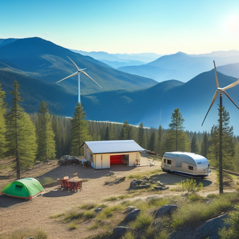 A serene, mountainous landscape with solar panels on a rugged terrain, wind turbines spinning on a distant hill, and a portable generator beside a cozy campsite, surrounded by pine trees and a clear blue sky.