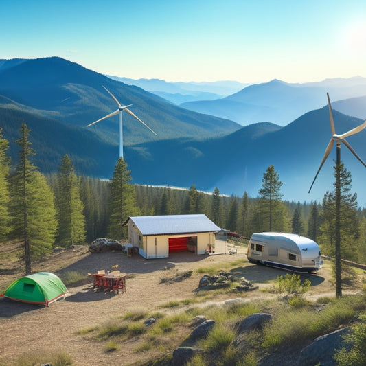A serene, mountainous landscape with solar panels on a rugged terrain, wind turbines spinning on a distant hill, and a portable generator beside a cozy campsite, surrounded by pine trees and a clear blue sky.