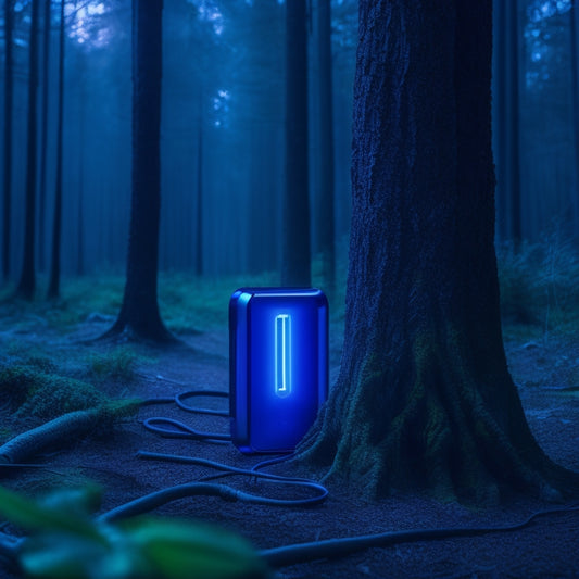 A futuristic, sleek power bank with a metallic silver exterior and glowing blue LED indicators, surrounded by tangled cords and devices charging in a dark, misty forest at dusk.
