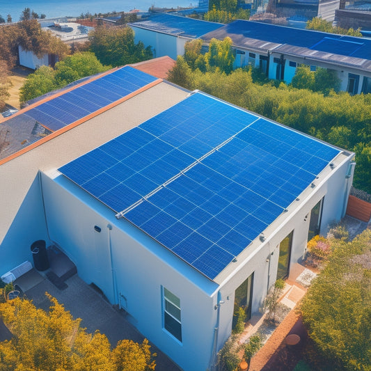An aerial view of a residential rooftop with a sleek, black solar panel system installed, surrounded by a few fluffy white clouds and a bright blue sky.