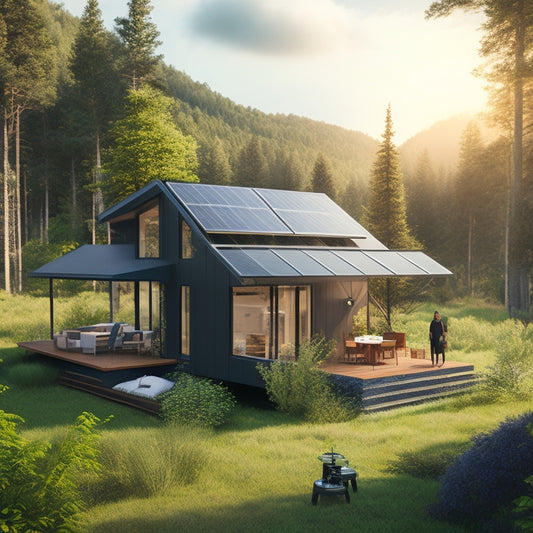 An illustration of a secluded, modern off-grid home surrounded by lush greenery, with a portable solar panel array and wind turbine in the foreground, and a compact water filtration system nearby.