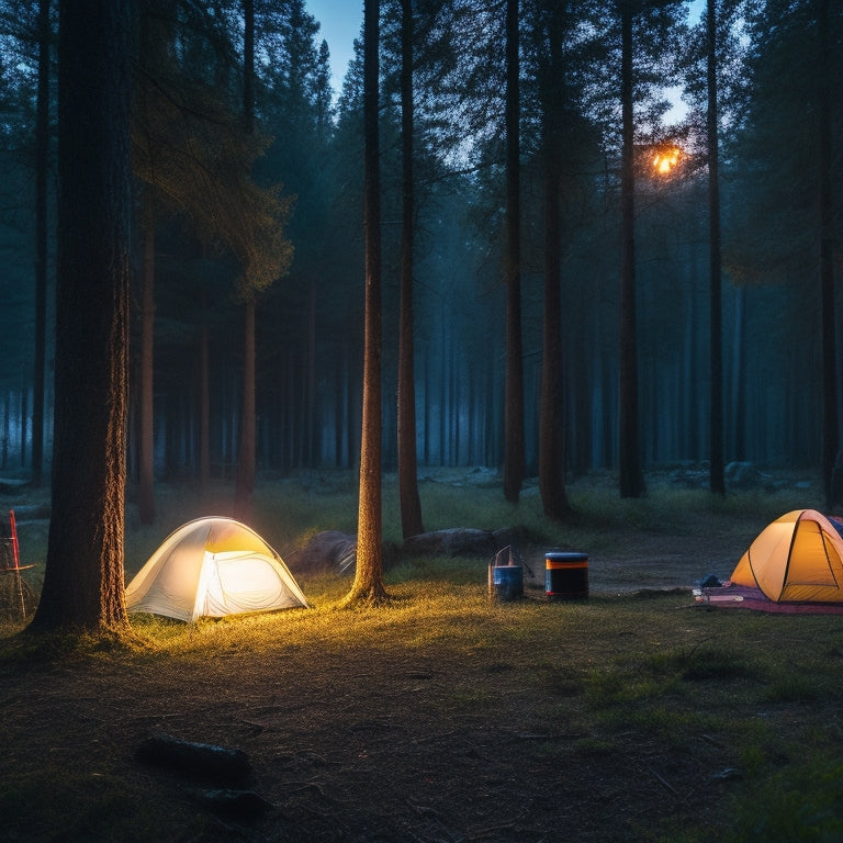 A serene forest campsite at dusk, lit by a string of lanterns powered by a compact, sleek portable energy storage unit, with a camping tent and sleeping bag in the background.