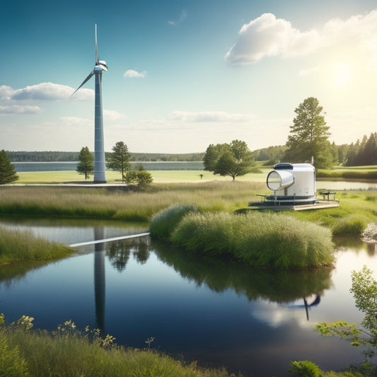 A serene landscape featuring a solar panel, wind turbine, and geothermal well, surrounded by serene water bodies, with steam rising from a kettle and a thermos, amidst lush greenery and a bright blue sky.