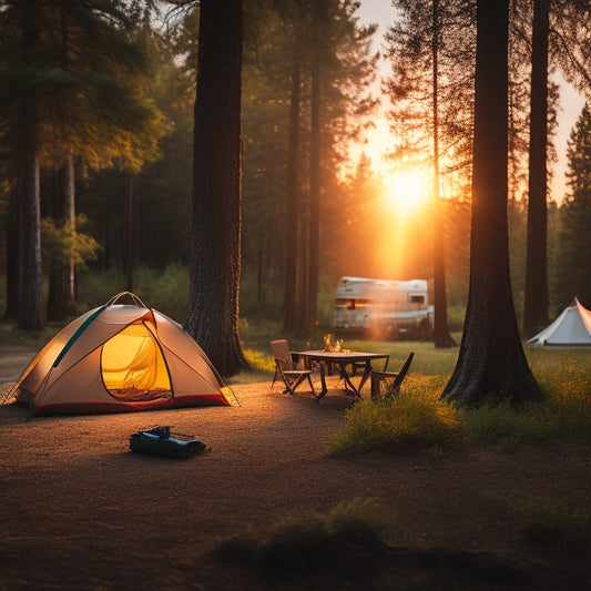 A serene campsite at sunset, featuring a compact solar panel charging devices. Surrounding lush trees, a cozy tent, and a campfire, with shadows dancing on the ground, evoking warmth and adventure in nature.