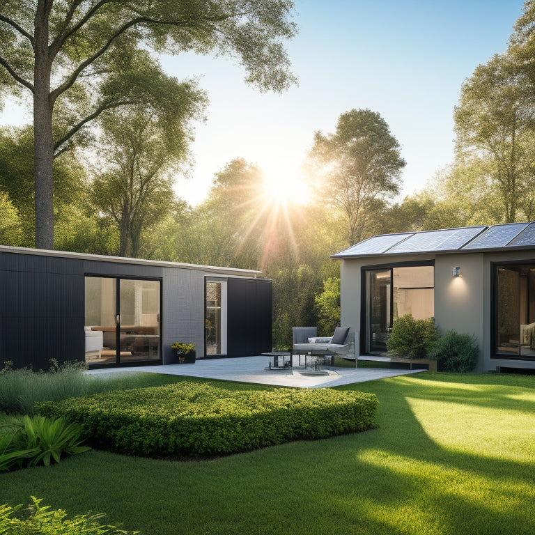 A modern home's backyard featuring a sleek, silver, and black battery storage system, surrounded by lush greenery, with a subtle solar panel array in the background, casting a warm afternoon shadow.