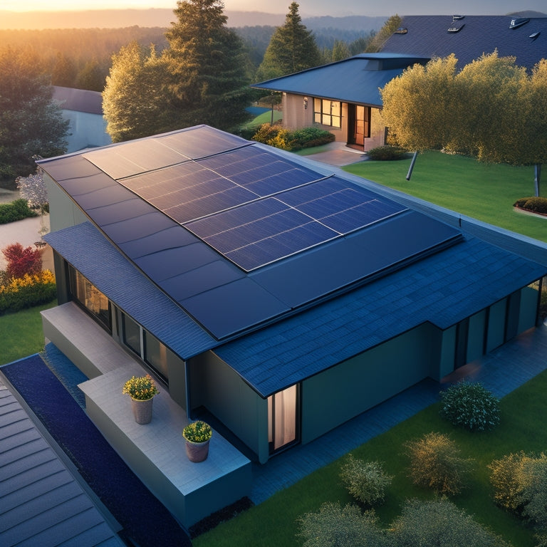 A photorealistic image of a modern residential rooftop with sleek, black solar panels mounted at a 30-degree angle, casting a subtle shadow on the roof's dark grey asphalt shingles.