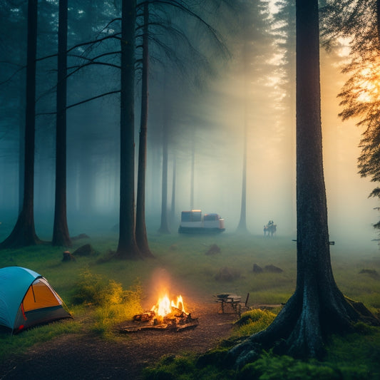 A serene forest campsite at dawn, with a portable solar panel leaned against a tree, charging a battery, amidst a scattered camping gear and a hammock, under a misty morning fog.