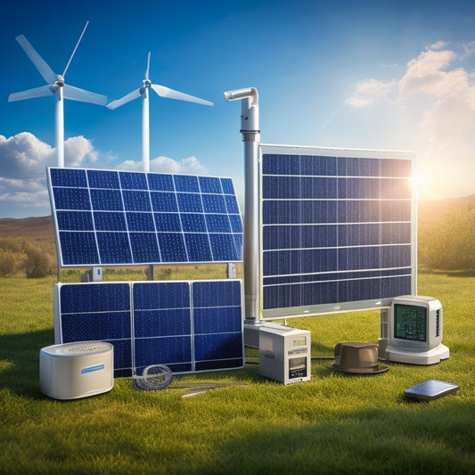 An illustration of a solar panel array with various icons and elements overlaid, including a thermometer for temperature, a cloud for weather, a meter for energy output, and a satellite for remote monitoring.