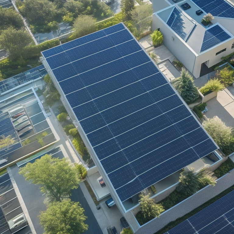 An aerial view of a modern residential building with a sleek, black rooftop solar system, comprising neatly arranged rectangular panels and silver mounting frames, set against a clear blue sky with a few wispy clouds.