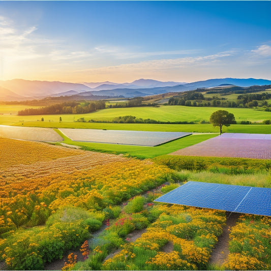 A vibrant landscape showcasing solar panels glistening under the sun, wind turbines spinning gracefully on rolling hills, and a lush garden with vibrant flowers and bees, symbolizing harmony between technology and nature.