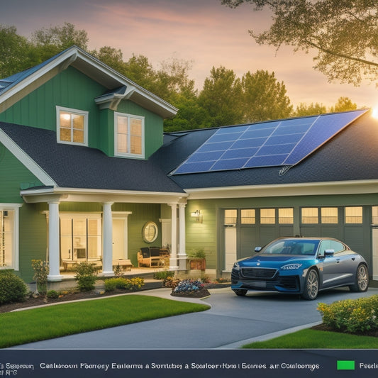 A serene suburban home with solar panels on the roof, a sleek battery system in the garage, and a dashboard display showing energy storage and consumption metrics in a calming color scheme.