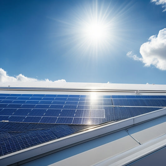 A futuristic, minimalist illustration featuring a sleek, silver solar panel array on a modern rooftop, surrounded by subtle, glowing blue circuitry and wires, set against a bright blue sky with fluffy white clouds.