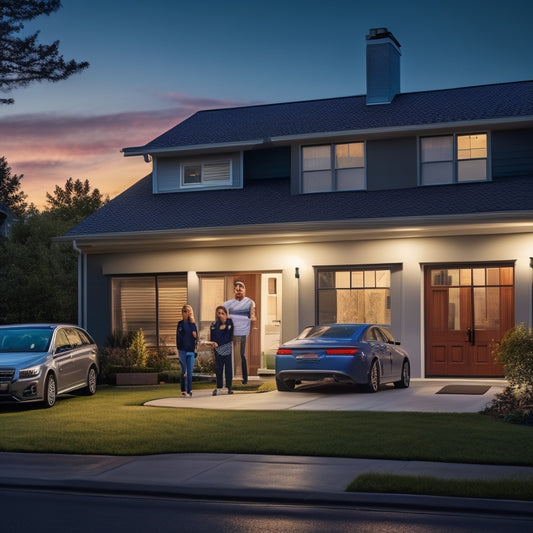 A serene suburban home at dusk with solar panels on the roof, a sleek backup battery unit in the garage, and a family enjoying a bright, lit-up living room despite a darkened neighborhood.