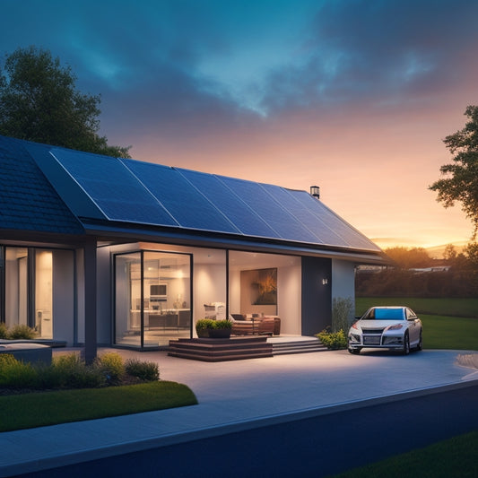 Illustrate a modern home with solar panels on the roof, a sleek battery backup system in the garage, and a subtle glow of lights and electronics inside, amidst a subtle cityscape at dusk.