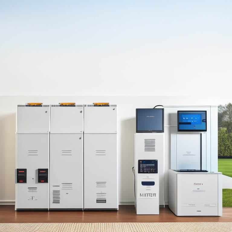 A modern, sleek, and organized home battery system setup with rows of lithium-ion batteries, inverters, and monitoring units, set against a clean white background with subtle grid patterns.