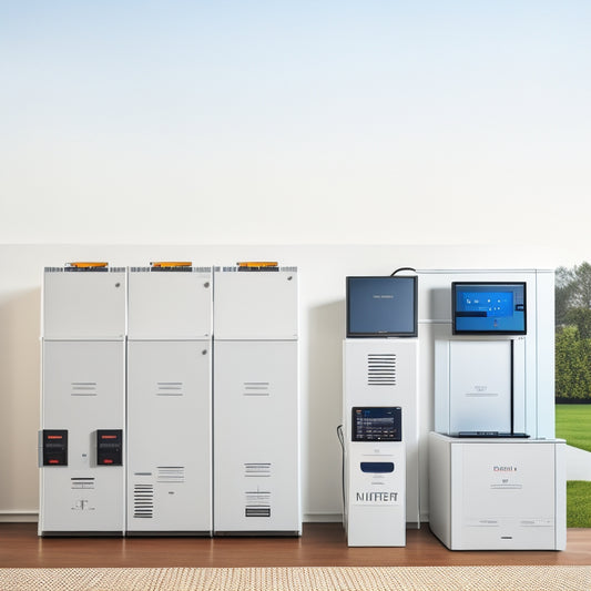 A modern, sleek, and organized home battery system setup with rows of lithium-ion batteries, inverters, and monitoring units, set against a clean white background with subtle grid patterns.