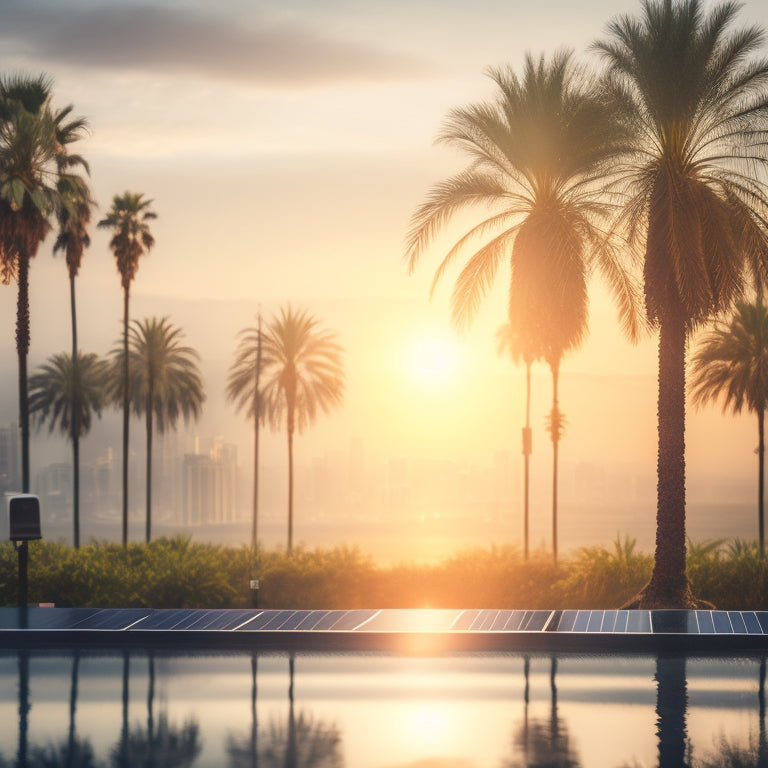 An illustration of a solar panel with water droplets and mist surrounding it, set against a warm, hazy background with palm trees and a subtle cityscape silhouette.