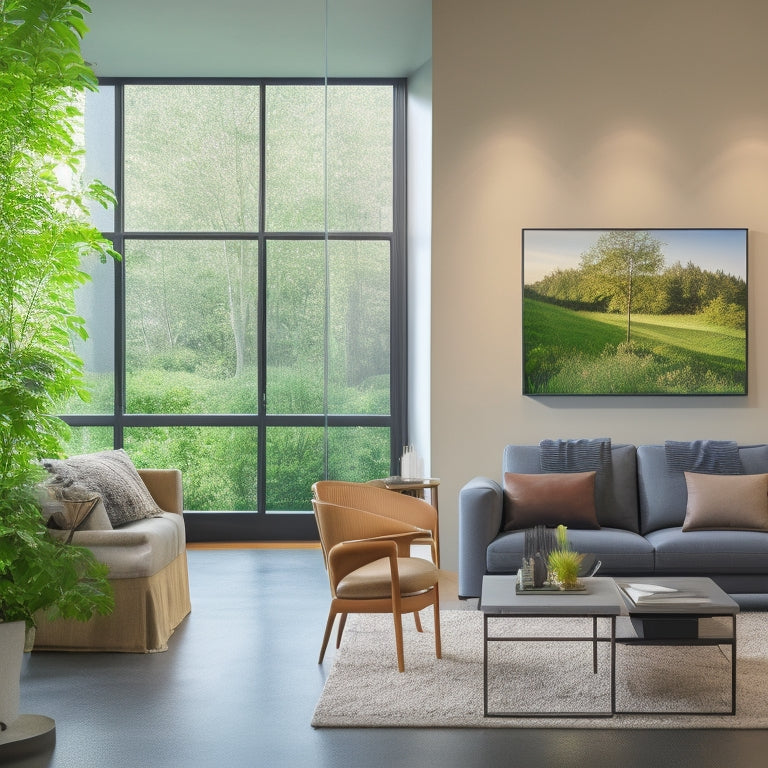 A modern, sleek living room with a wall-mounted energy storage system, sleek batteries, and a digital display showcasing real-time energy usage and storage data, surrounded by greenery and natural light.