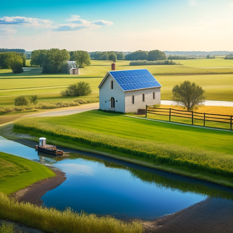 A serene rural landscape showcasing solar panels mounted on a small water pumping station, surrounded by green fields and a clear blue sky, with a distant farmhouse and a winding dirt path leading to it.
