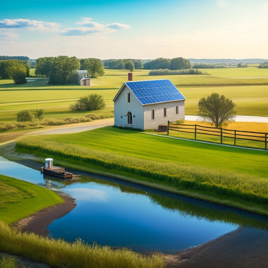 A serene rural landscape showcasing solar panels mounted on a small water pumping station, surrounded by green fields and a clear blue sky, with a distant farmhouse and a winding dirt path leading to it.