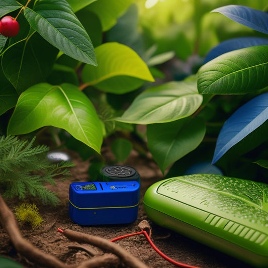 A close-up of vibrant green rechargeable batteries surrounded by lush plants, sunlight filtering through leaves, with a backdrop of electronics like phones and tablets, emphasizing sustainability and eco-friendliness.