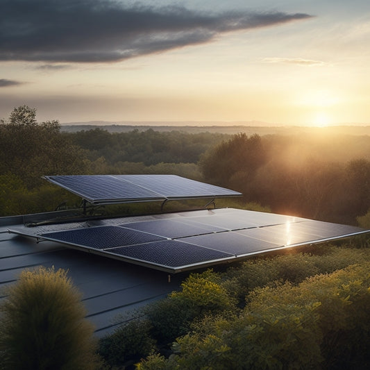 A serene landscape with a modern, sleek, and silver solar panel array installed on a rooftop, surrounded by lush greenery, with a faint sun shining down, casting a warm glow.