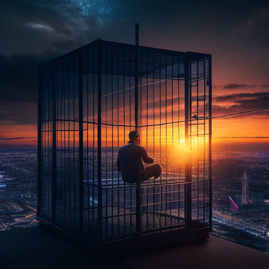 A surreal illustration of a person trapped in a cage made of power cords, surrounded by a cityscape at dusk, with a subtle glow of a solar panel in the background, breaking free.