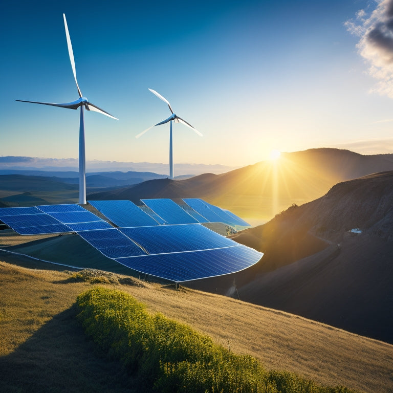 A futuristic, sun-drenched landscape featuring a sleek, silver wind turbine, a row of black photovoltaic panels, and a compact, metallic hydrogen fuel cell, set against a backdrop of rolling hills and blue skies.