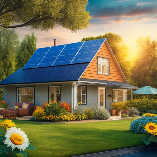 A serene suburban home with a sleek solar panel array on the roof, a Tesla Powerwall battery visible through a window, and a lush green backyard with a few sunflowers blooming.