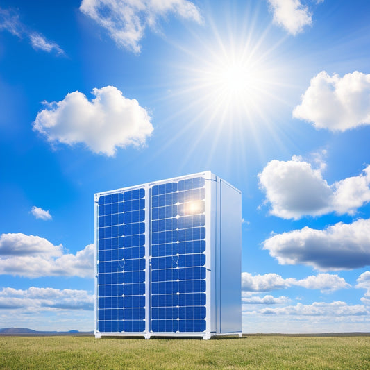 A futuristic illustration of a sleek, silver solar panel array connected to a modern, compact battery storage unit, set against a bright blue sky with fluffy white clouds.