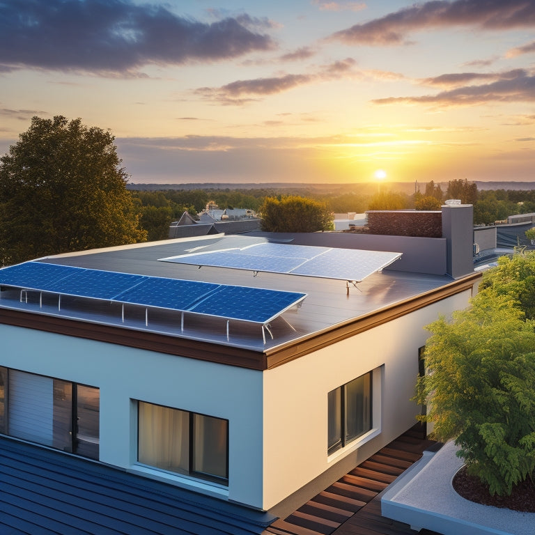 A modern, sleek, and minimalist residential rooftop with a row of photovoltaic solar panels, a wall-mounted battery unit with a subtle LED glow, and a tidy electrical conduit system.