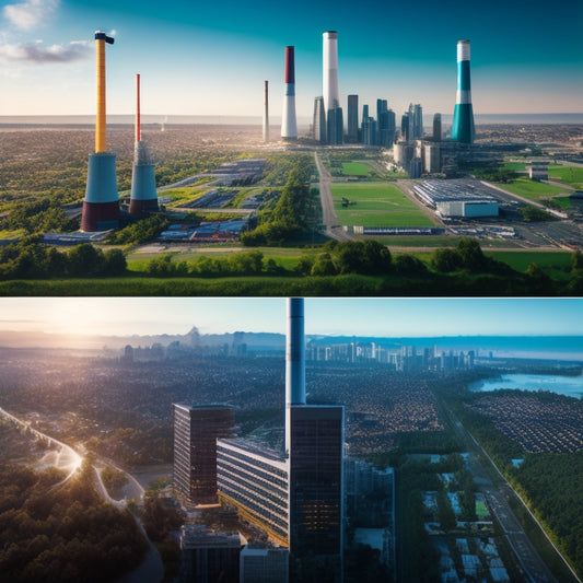 An illustration of a split-screen diagram: a cluttered cityscape on the left with smokestacks and pollution, versus a green landscape on the right with wind turbines and solar panels shining bright.