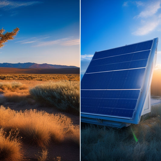 A split-screen image: a sunny landscape with a solar panel array on the left, and a futuristic battery storage unit with glowing blue lights on the right, connected by a flowing energy arc.