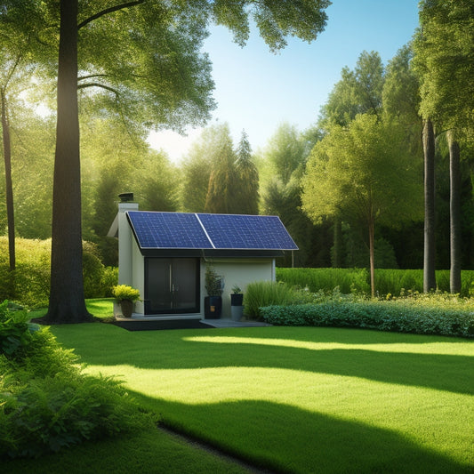 A sleek solar panel kit with glossy black panels, a compact battery unit, and a modern inverter, set against a backdrop of a serene backyard, showcasing sunlight glinting off the panels and lush greenery.