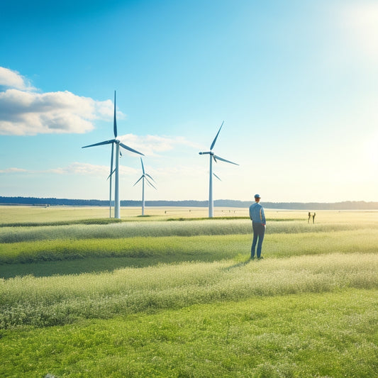 An illustration of a person standing in a bright, sunny meadow, surrounded by wind turbines and solar panels, with a small, sleek inverter device at their feet, connected to a battery pack.