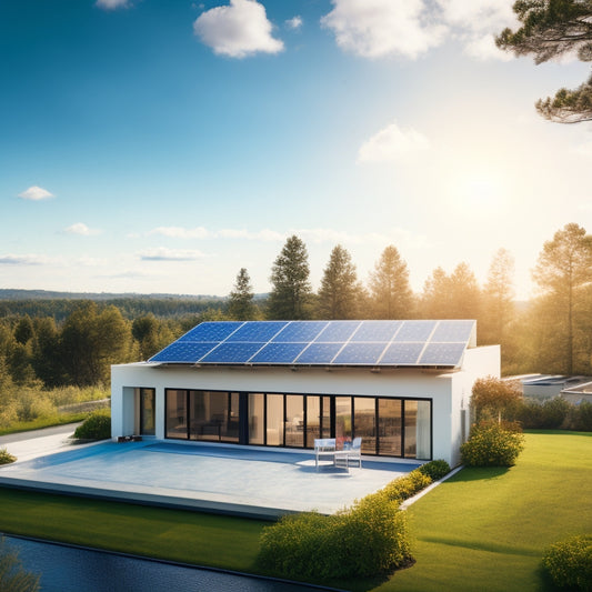 A serene landscape with several sleek, silver solar panels installed on a modern, single-story home's rooftop, surrounded by lush greenery and a bright blue sky with a few puffy white clouds.