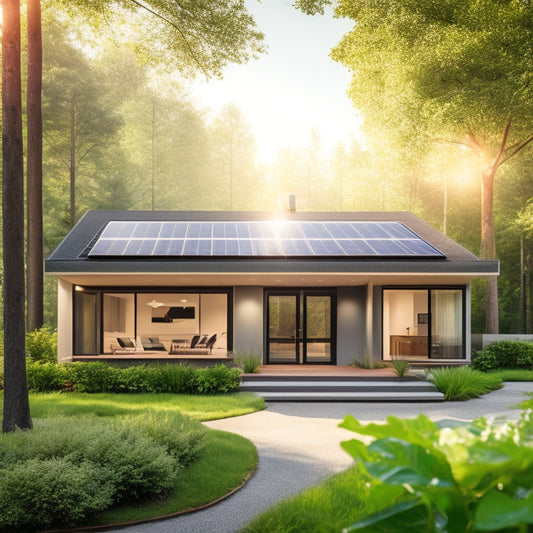 A serene, modern home with solar panels on the roof, surrounded by lush greenery, with a subtle dashboard in the background displaying energy usage graphs and savings charts.