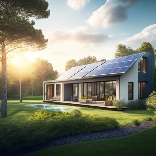 A serene, modern home with solar panels on the roof, surrounded by lush greenery and a subtle, glowing aura, set against a bright blue sky with a few wispy clouds.