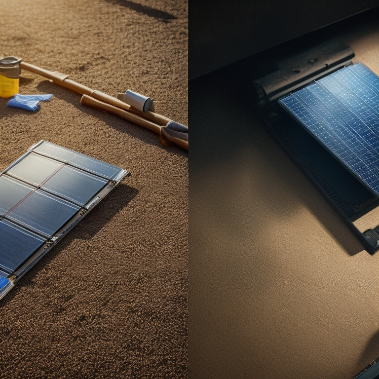 A split-screen image featuring a dirty, streaked solar panel on the left and a sparkling clean one on the right, with various cleaning tools and materials scattered around.