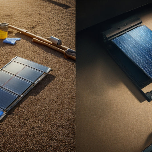 A split-screen image featuring a dirty, streaked solar panel on the left and a sparkling clean one on the right, with various cleaning tools and materials scattered around.